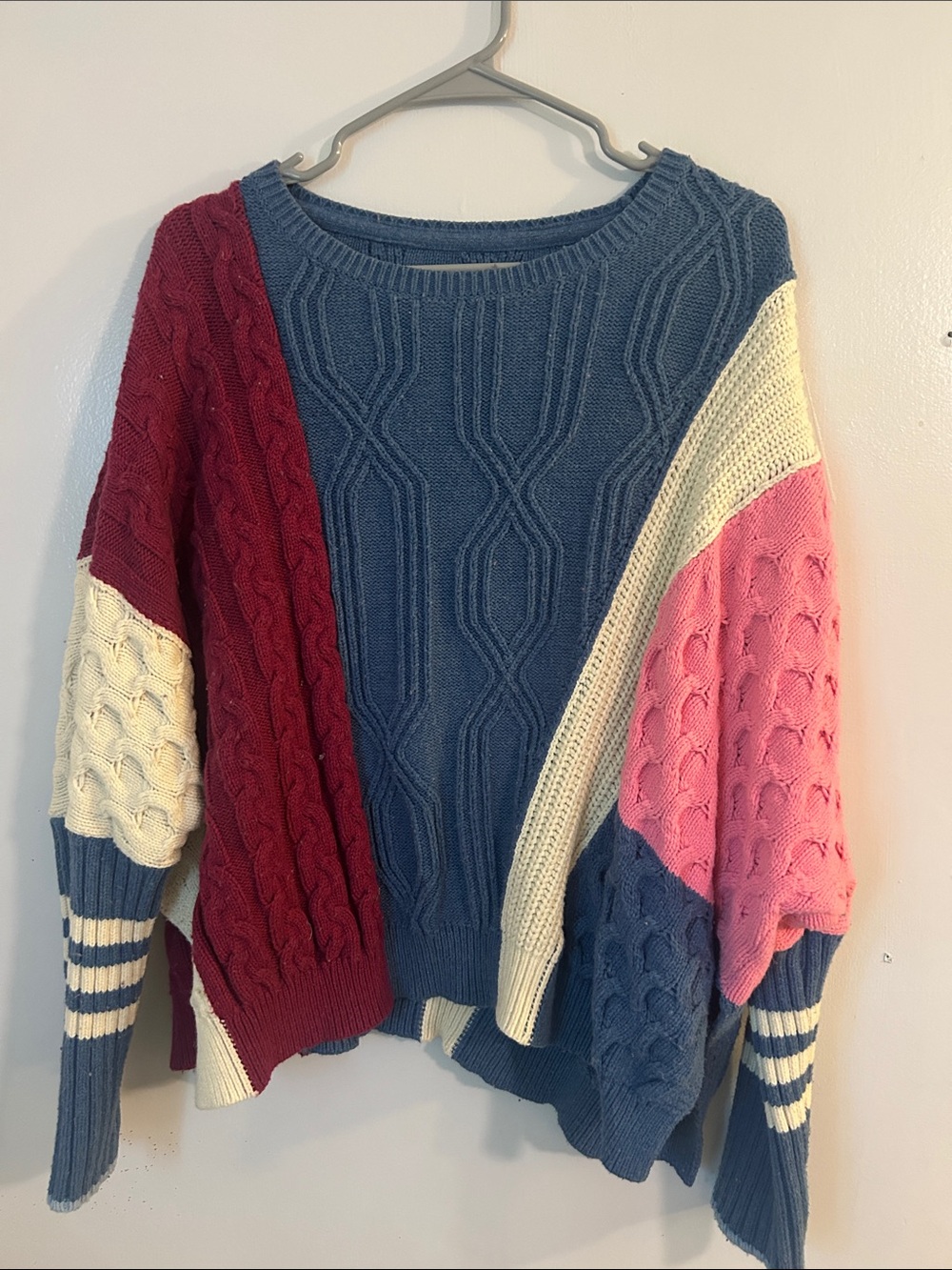 Anthropology Colorblock Cable Crewneck Sweater in Blue, Pink, Cream & Burgundy